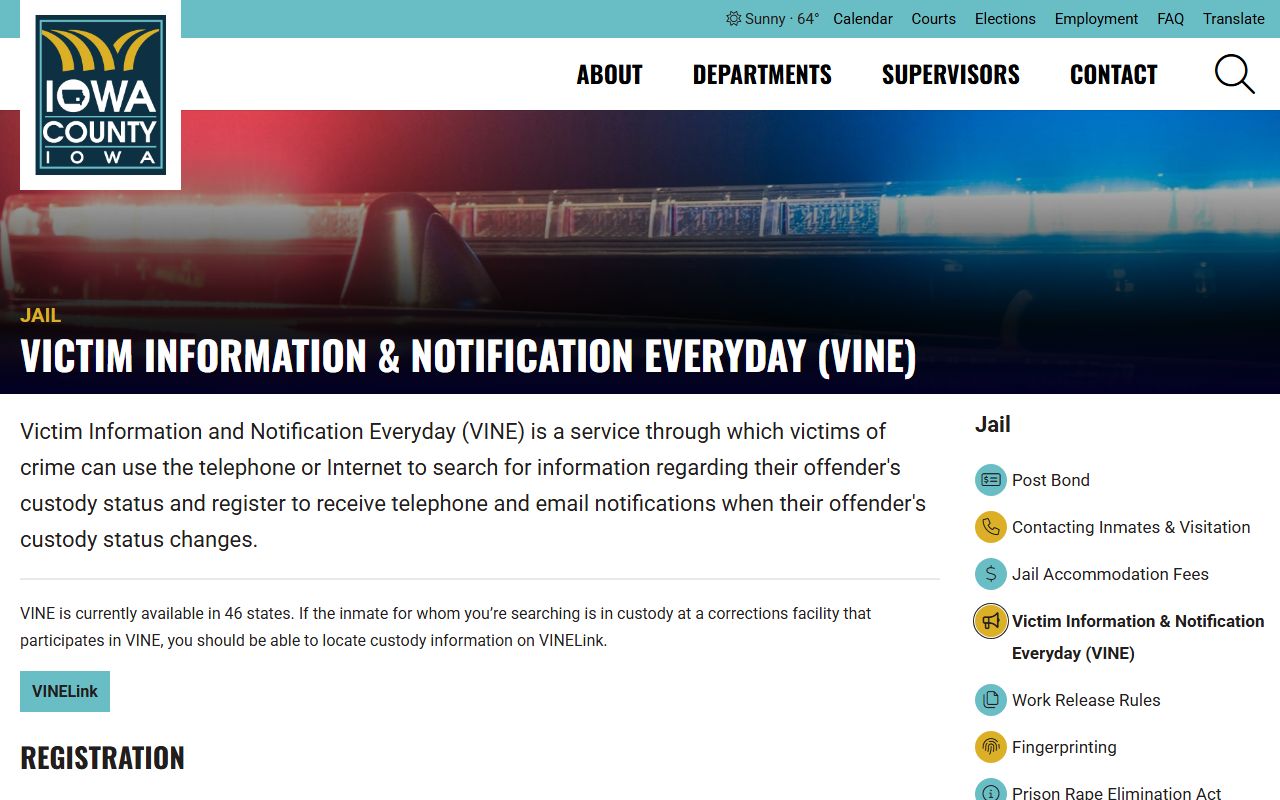Iowa County VINE custody notification for inmate population search