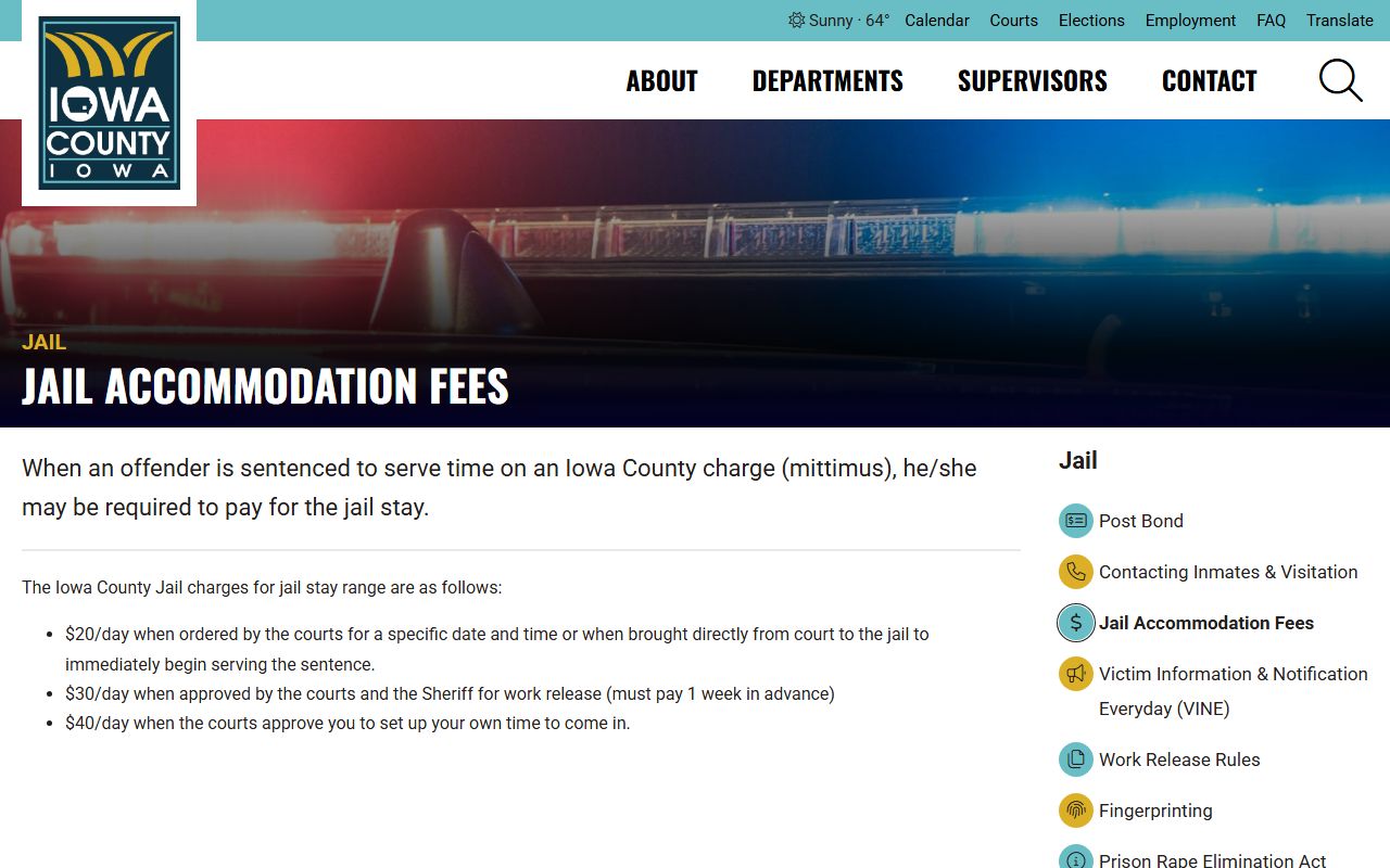 Iowa County Jail accommodation fees for inmate custody
